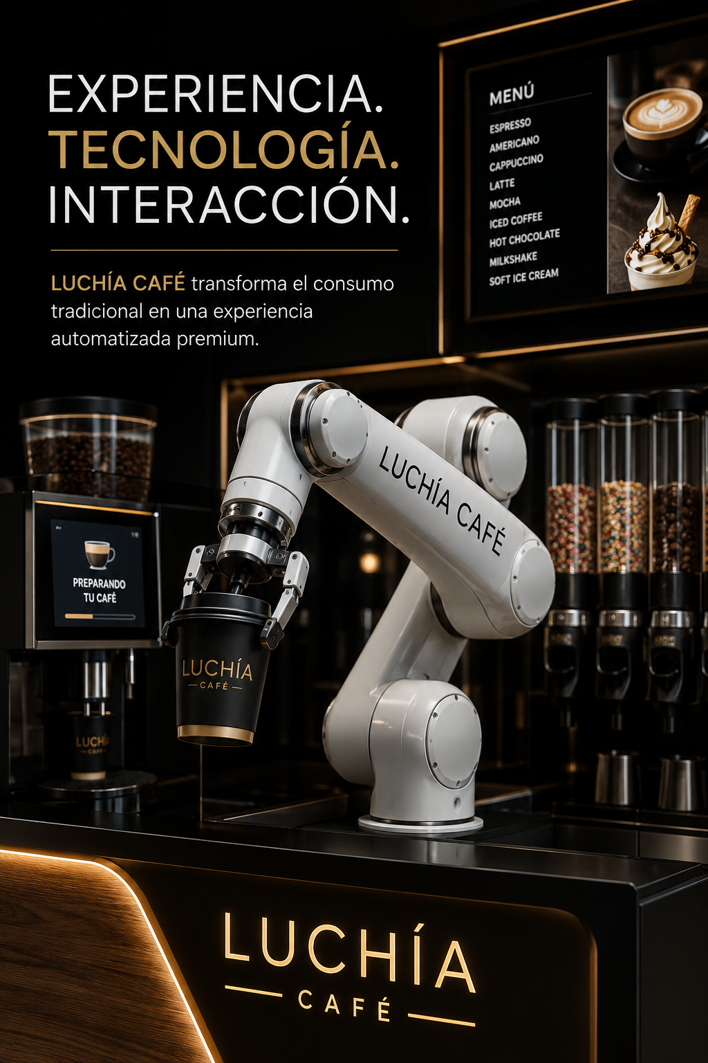 Robot Luchía Café — brazo robótico preparando café de especialidad